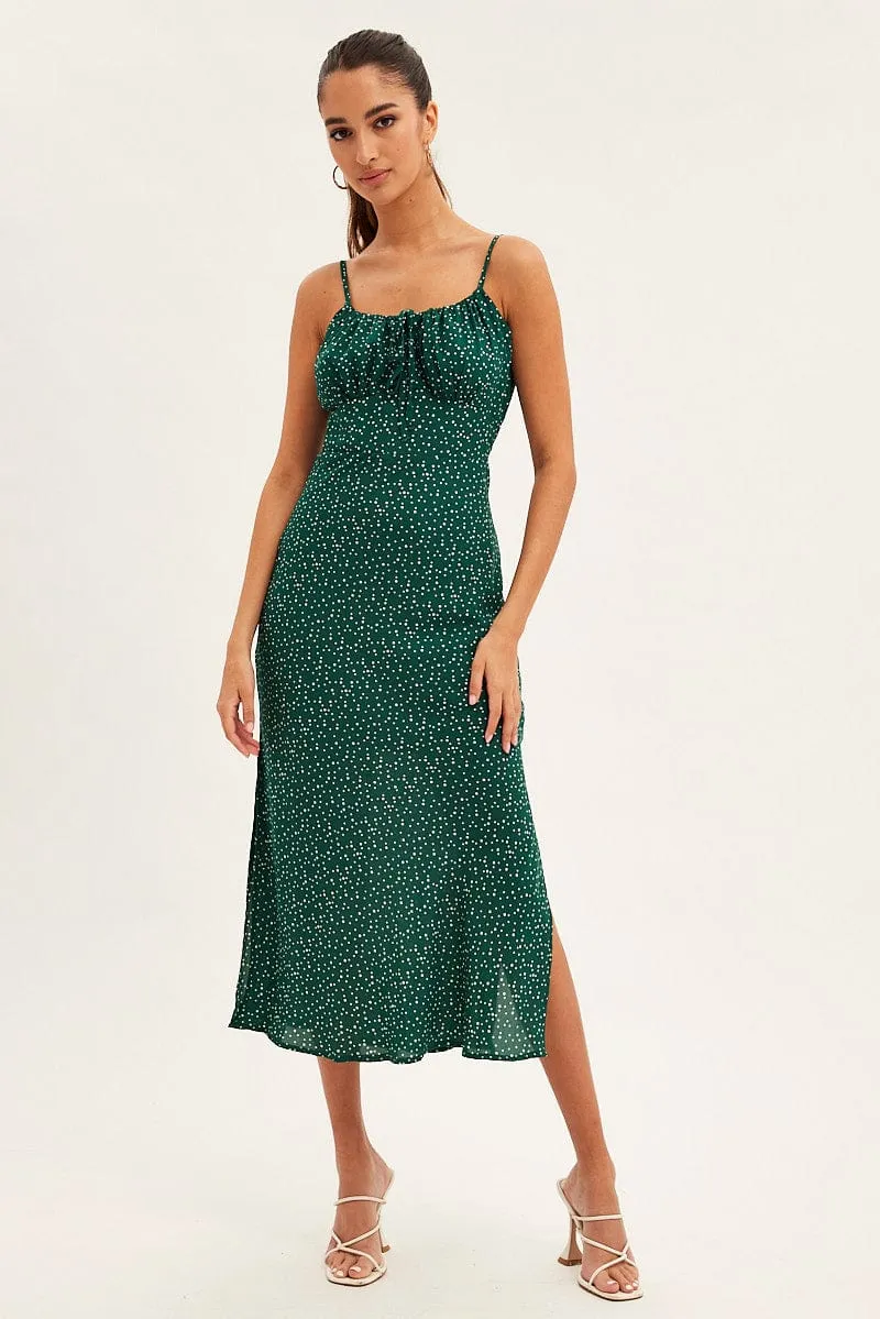 Green Polka Dot Midi Dress Sleeveless Ruched Bust Bazaar Lane Shine Spot