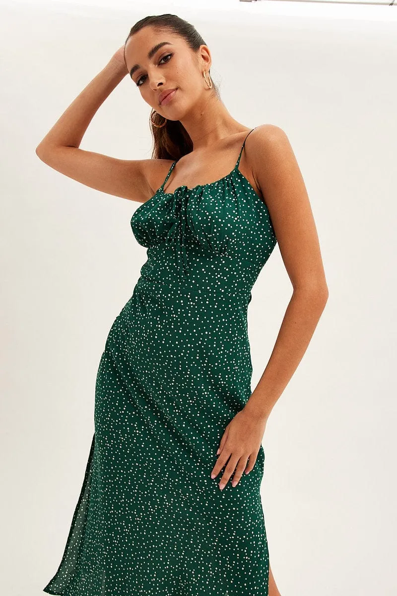 Breezy and lightweight midi Wood Scent Green Polka Dot Midi Dress Sleeveless Ruched Bust