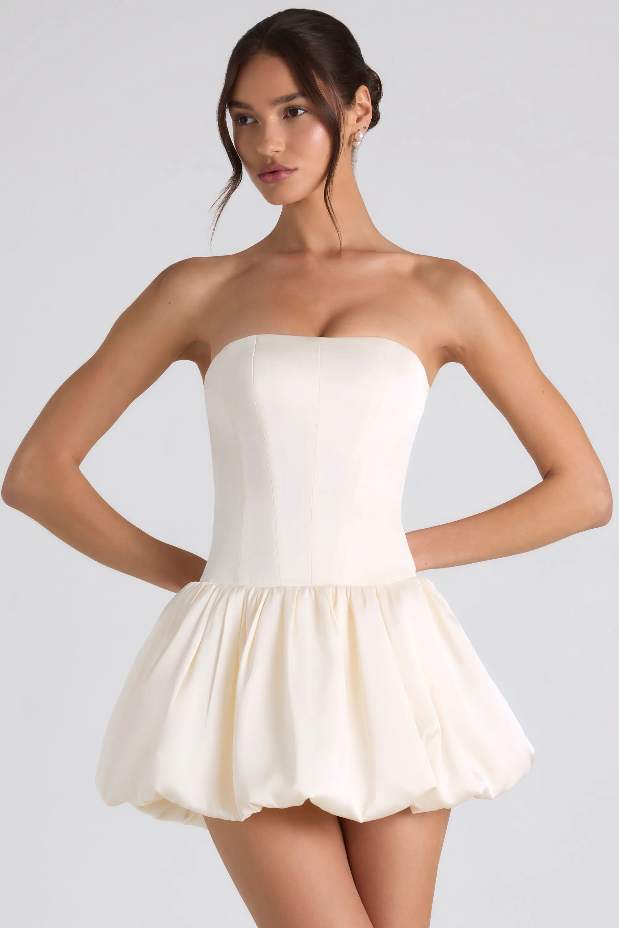Party Light Light Reflective Lace-Up Bubble Hem Corset Mini Dress in Ivory