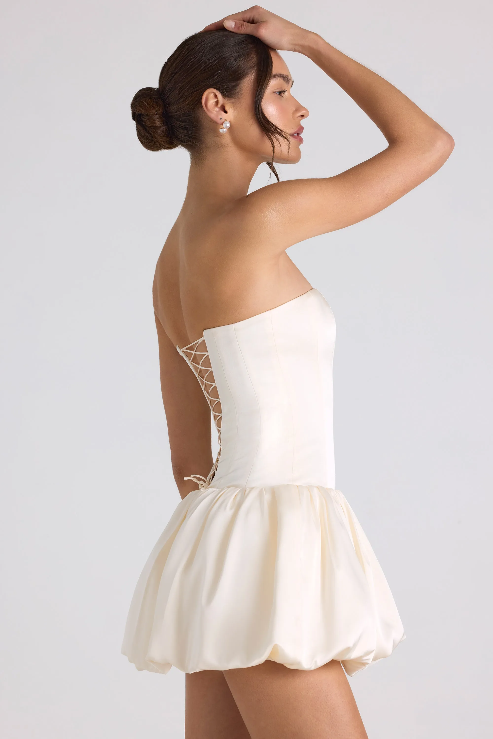 Lace-Up Bubble Hem Corset Mini Dress in Ivory Glam Power City Soft