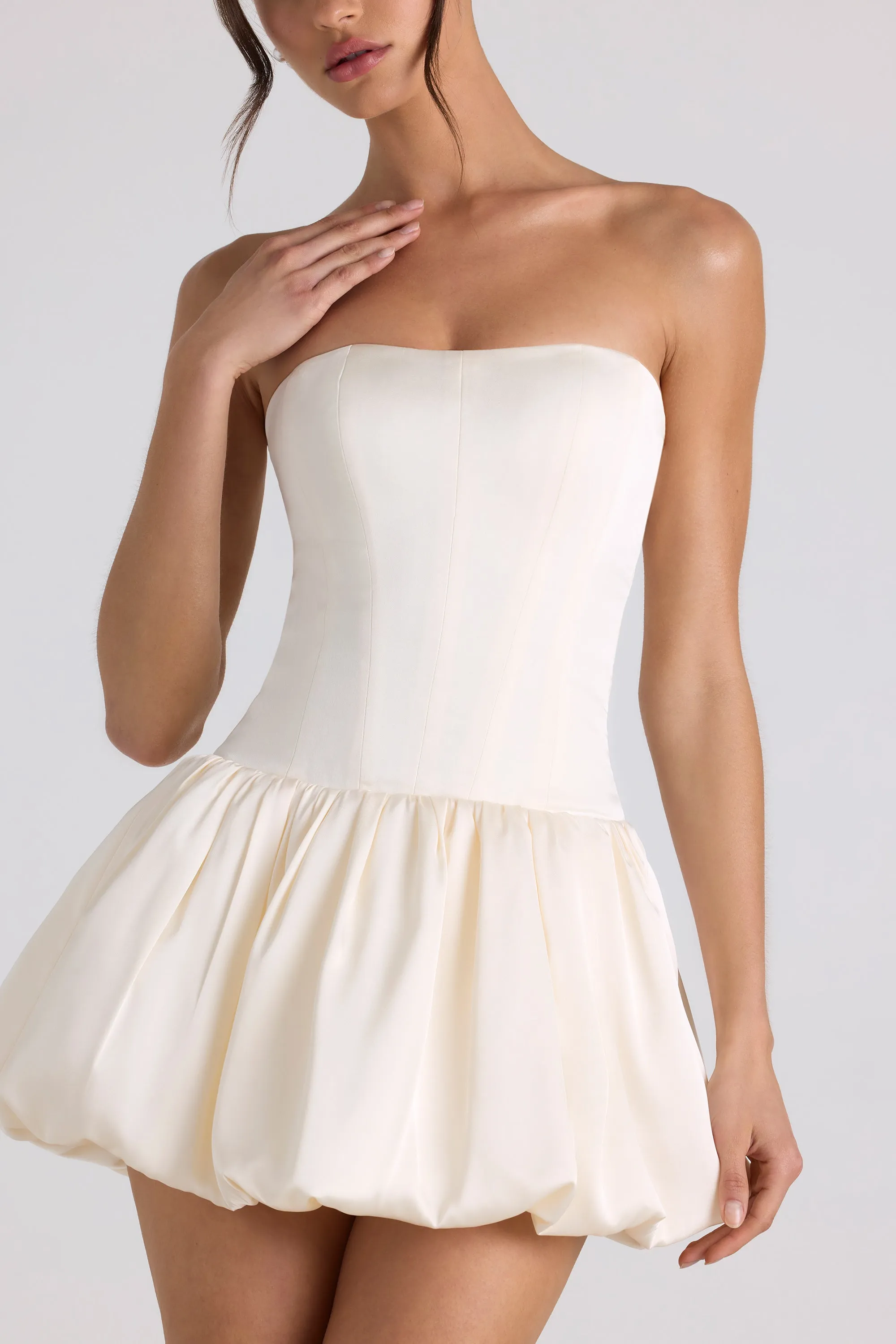 Lace-Up Bubble Hem Corset Mini Dress in Ivory High Thread Count Cotton