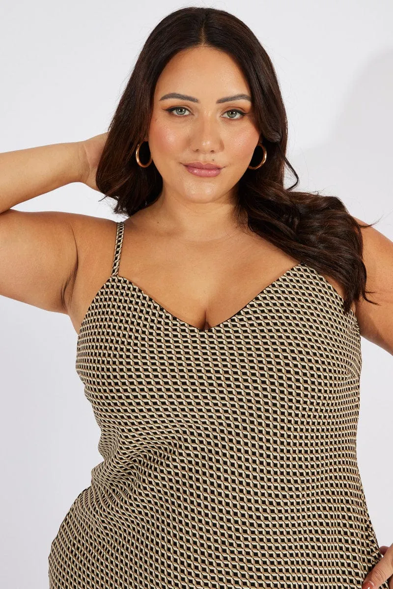 Tiered Skirt Black Geo Slip Dress Sleeveless