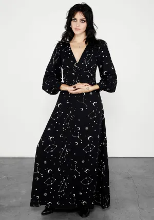 Silver Celestial Print Gathered Maxi Dress Harvest Glow