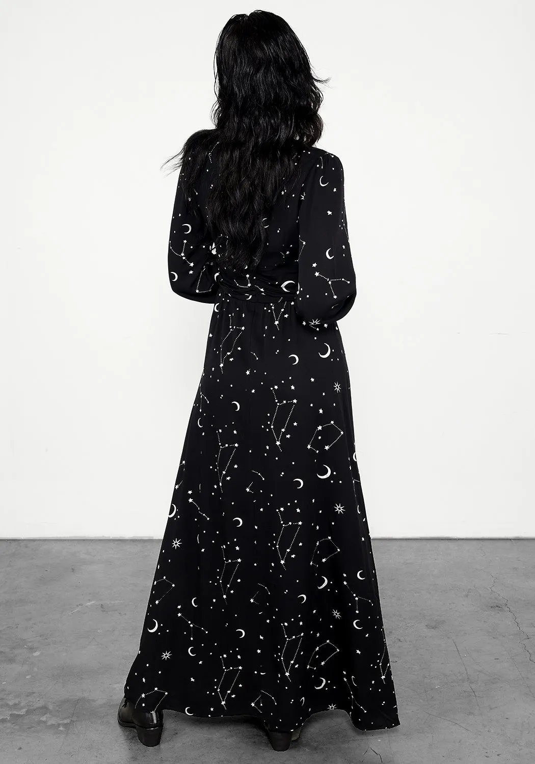 Metal Shine All Season Silver Celestial Print Gathered Maxi Dress