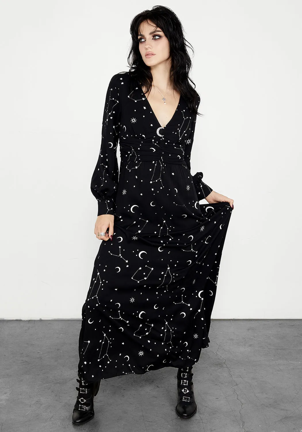 Town Glow Cotton Glow Silver Celestial Print Gathered Maxi Dress