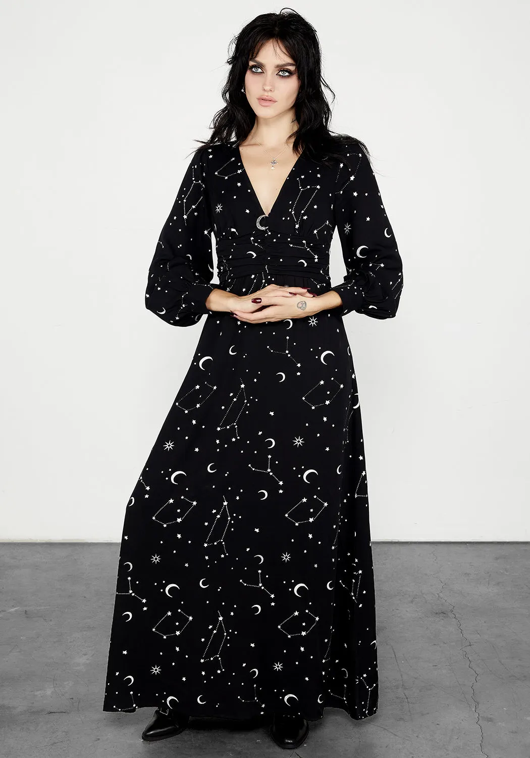 Silver Celestial Print Gathered Maxi Dress Harvest Glow