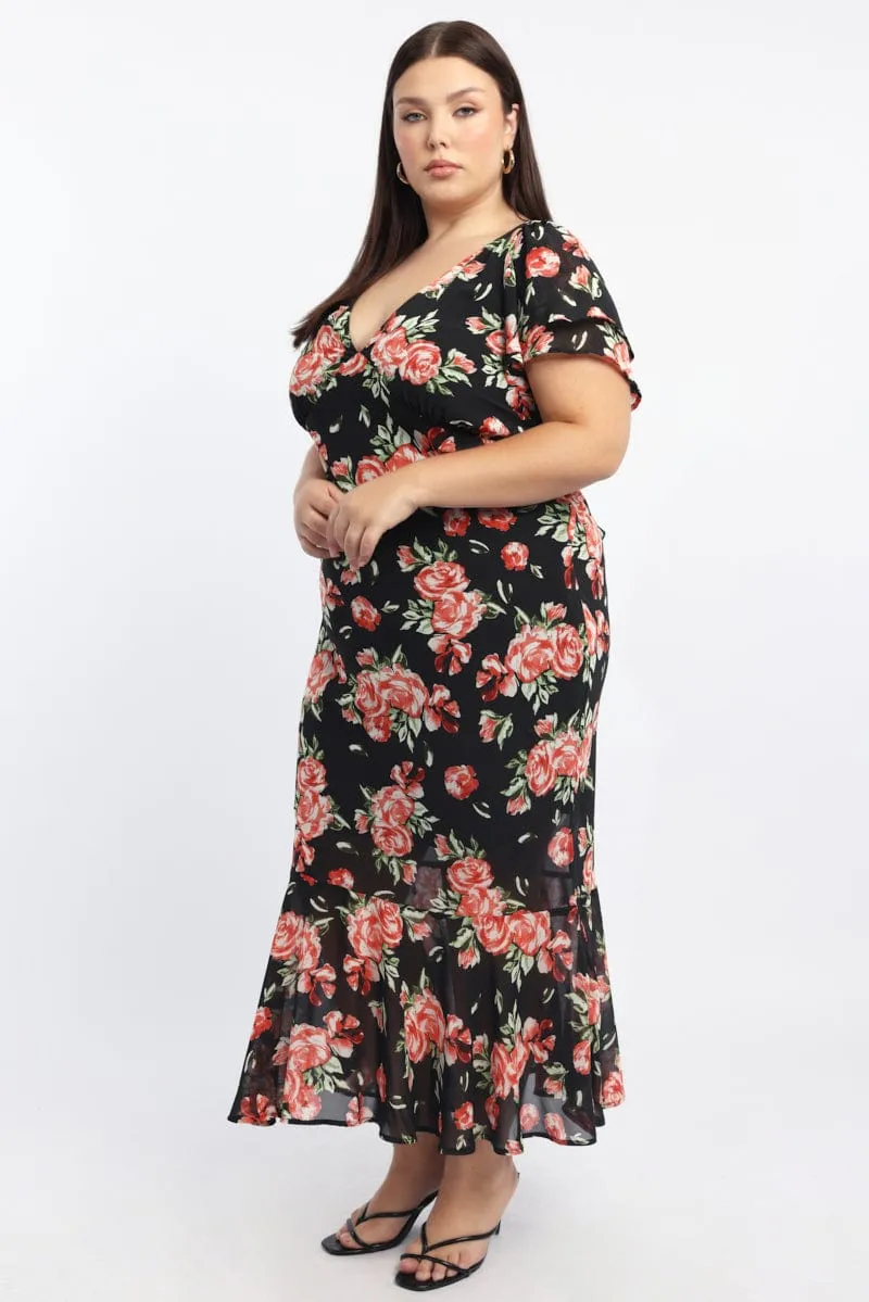 Red Floral Maxi Dress Short Sleeve Chiffon Ruffle Vibrant boho dress