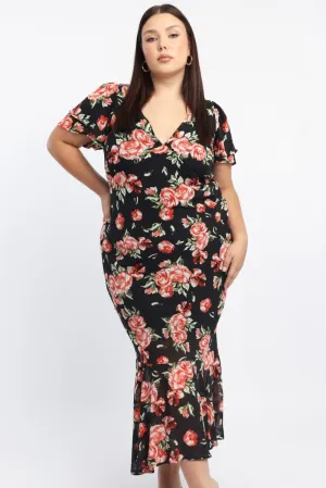 Red Floral Maxi Dress Short Sleeve Chiffon Ruffle Palm Shade
