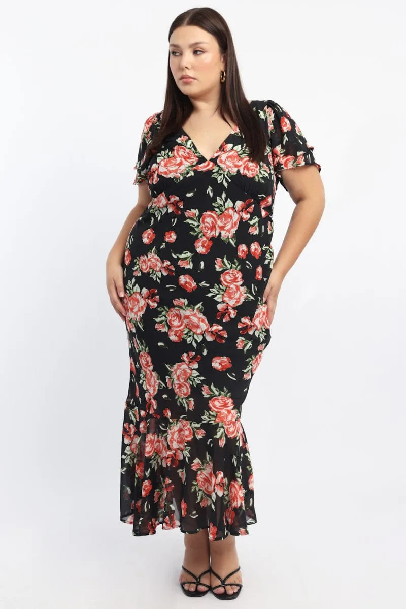 Soft Pink Red Floral Maxi Dress Short Sleeve Chiffon Ruffle