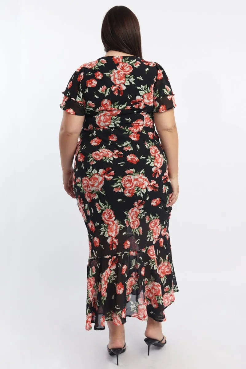 Kimono Arm Red Floral Maxi Dress Short Sleeve Chiffon Ruffle