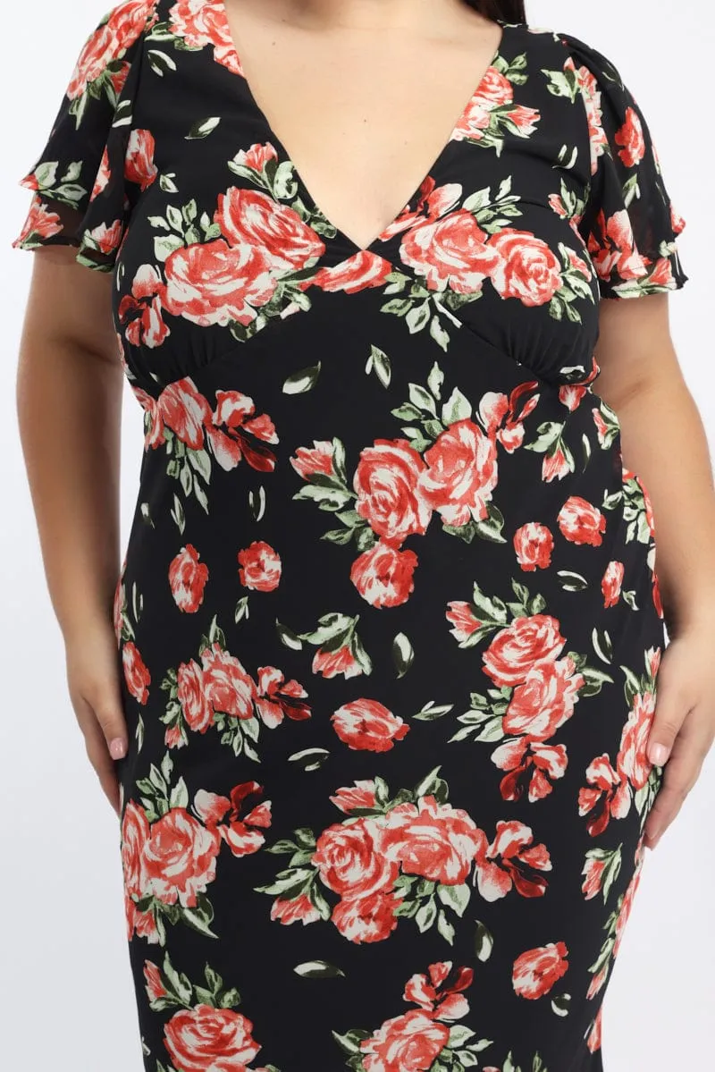 Star Light Red Floral Maxi Dress Short Sleeve Chiffon Ruffle
