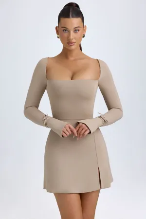 Edge Soft Party Edge Square Neck Long Sleeve Mini Dress in Taupe