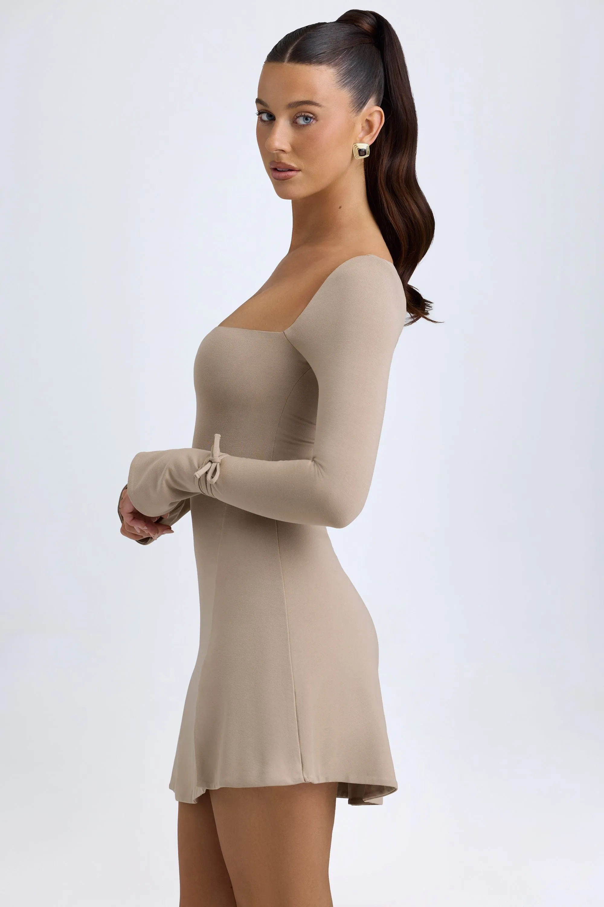 Urban Style Square Neck Long Sleeve Mini Dress in Taupe