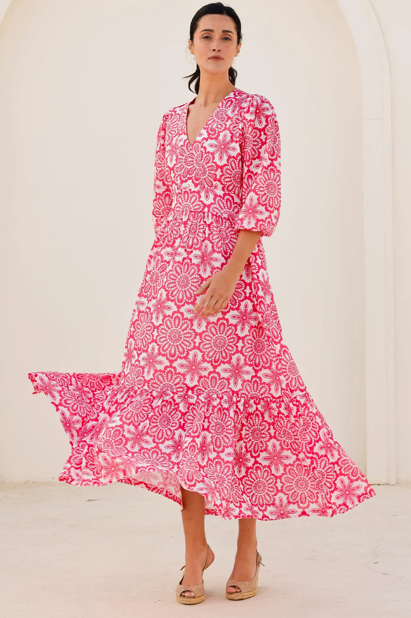 Warm Air Short Sleeve Annie Maxi Organic Cotton Dress | Lace Floral White/Pink
