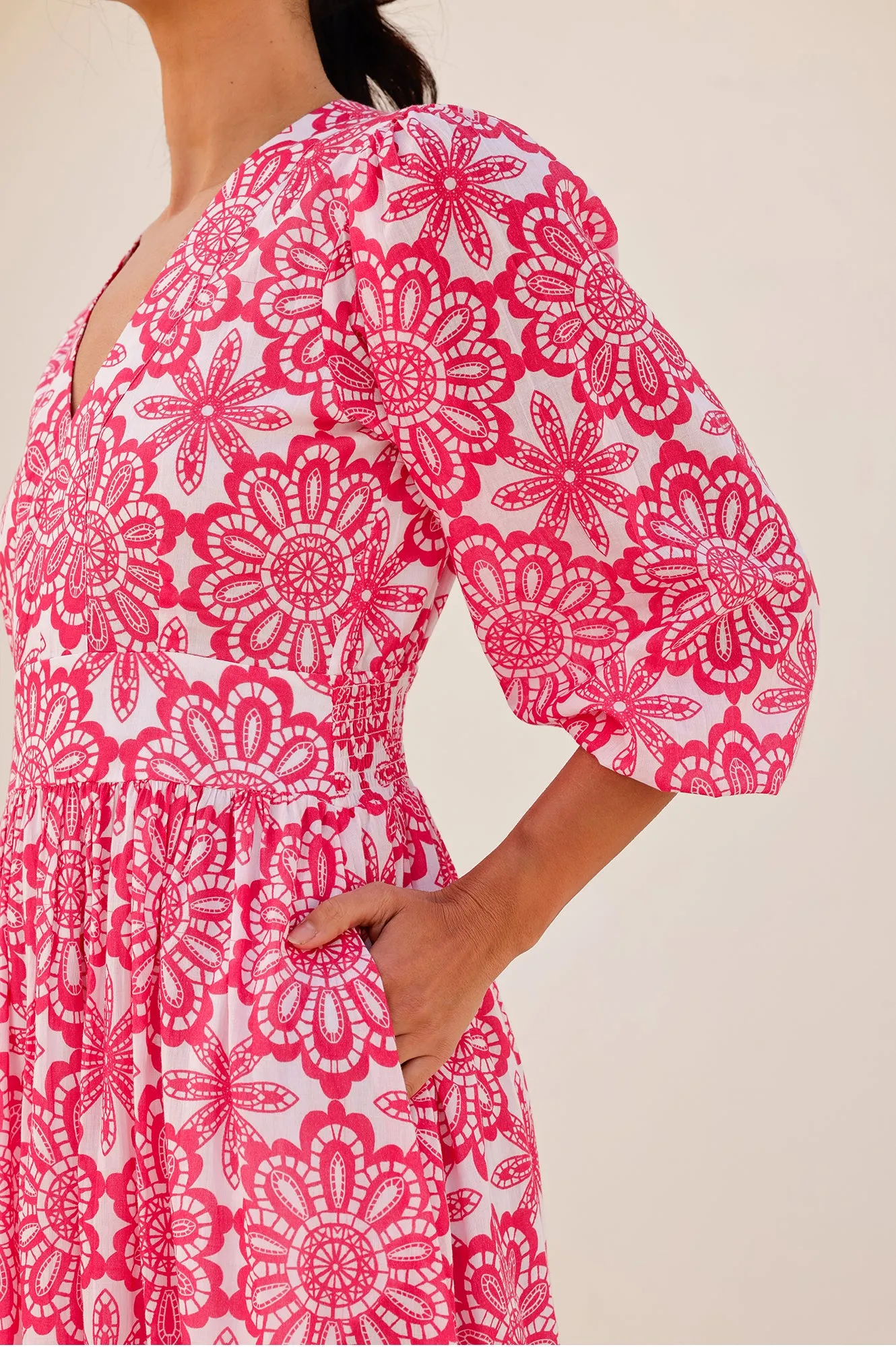 Annie Maxi Organic Cotton Dress | Lace Floral White/Pink Platinum Shine Sail View