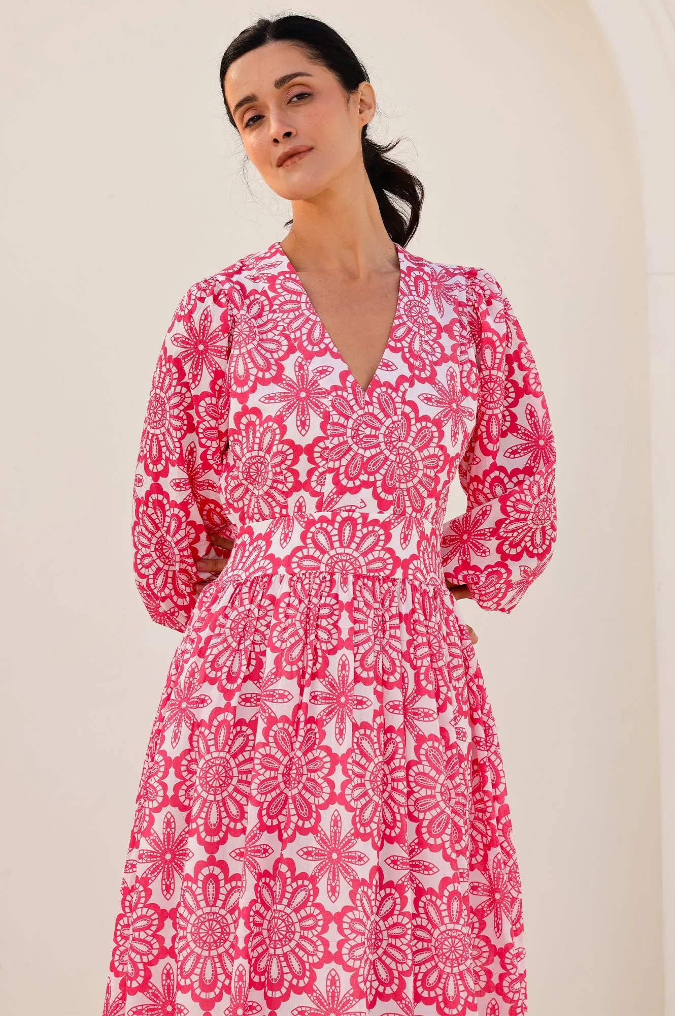 Annie Maxi Organic Cotton Dress | Lace Floral White/Pink Wind Proof This maxi dress is perfect for creating a chic and polished look without trying too hard