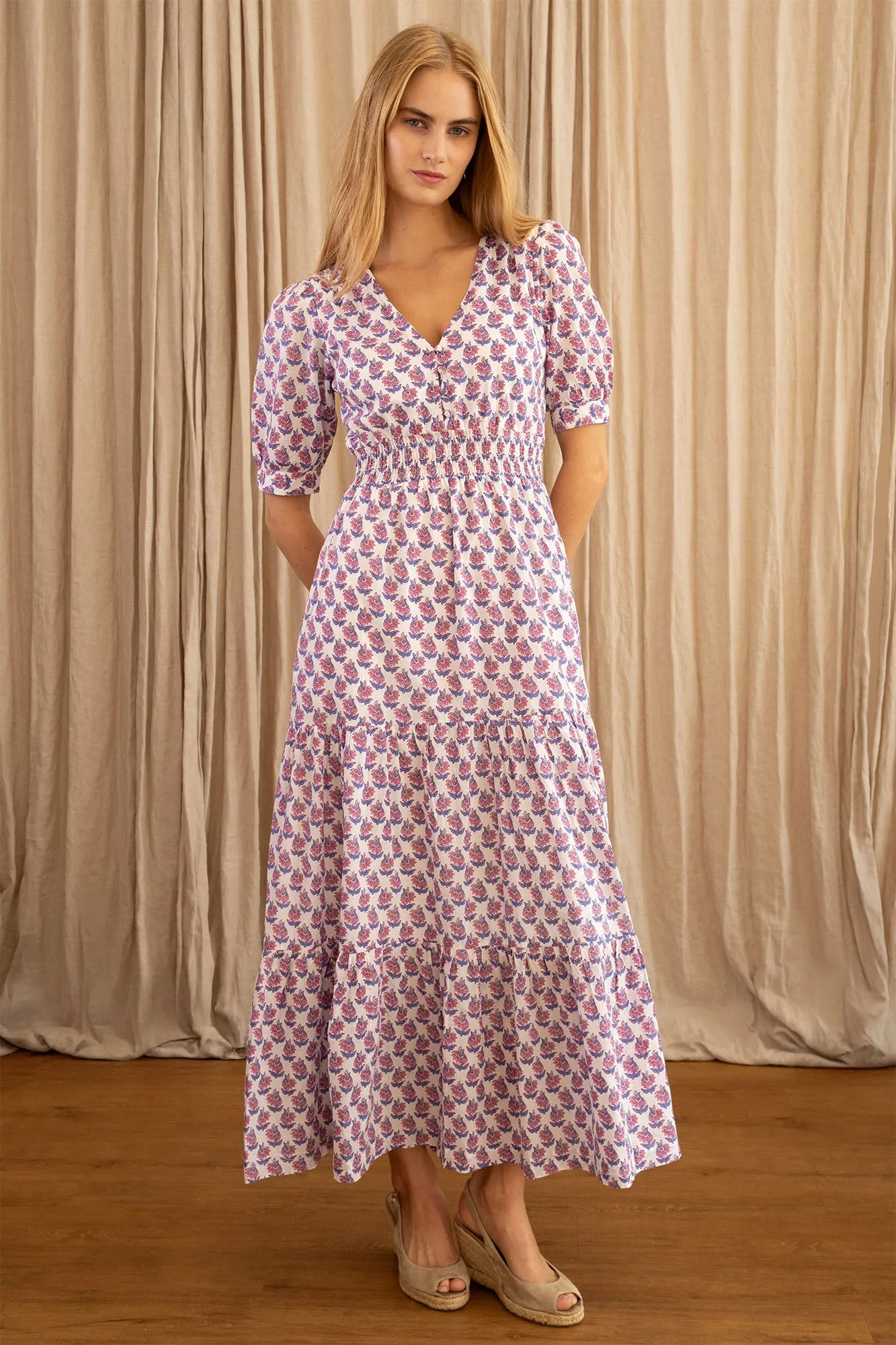 Billie Short Sleeve Organic Cotton Dress | Lily Flower White/Grey/Pink Ruby Pop