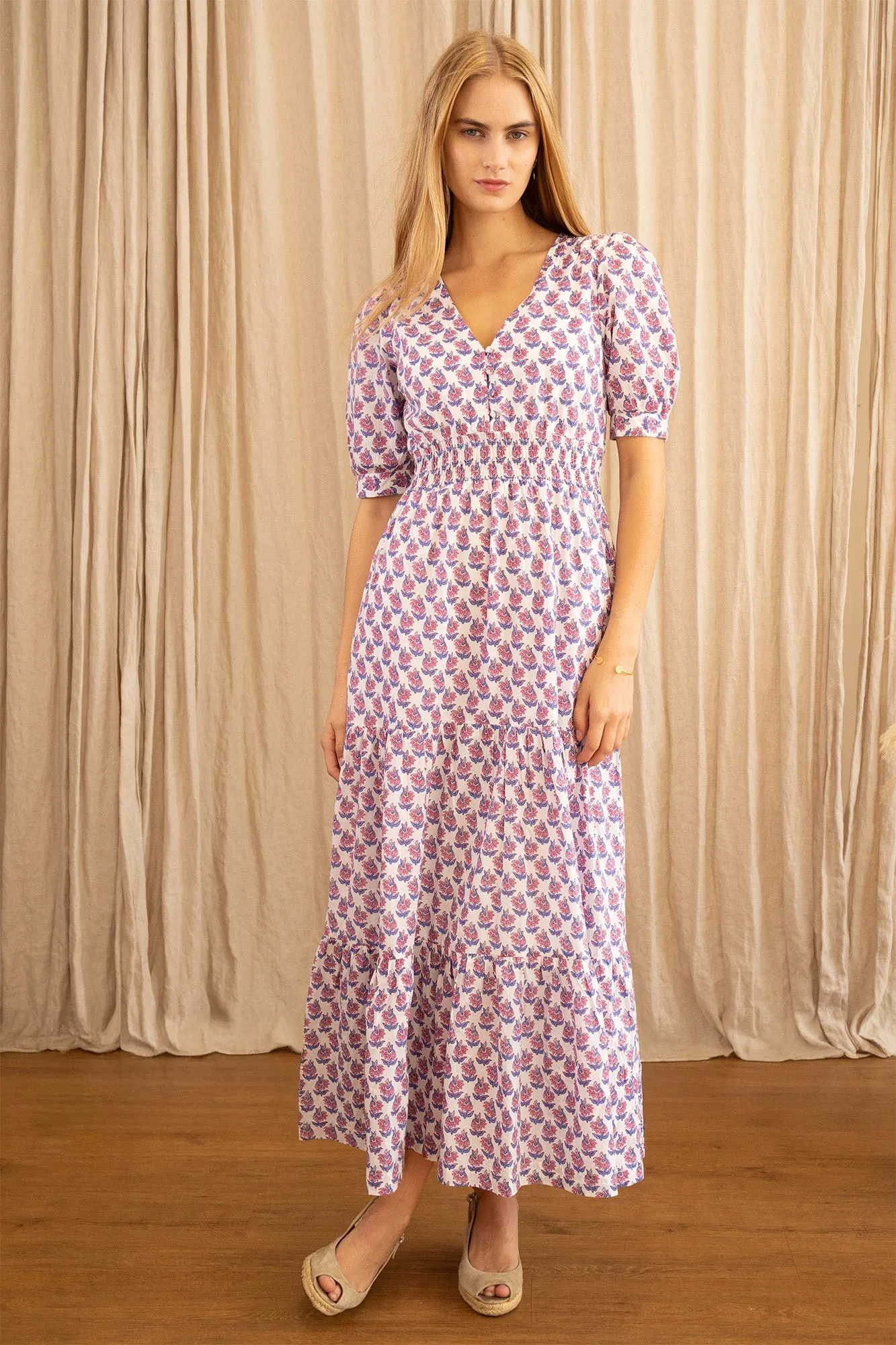 Billie Short Sleeve Organic Cotton Dress | Lily Flower White/Grey/Pink Moon Beam