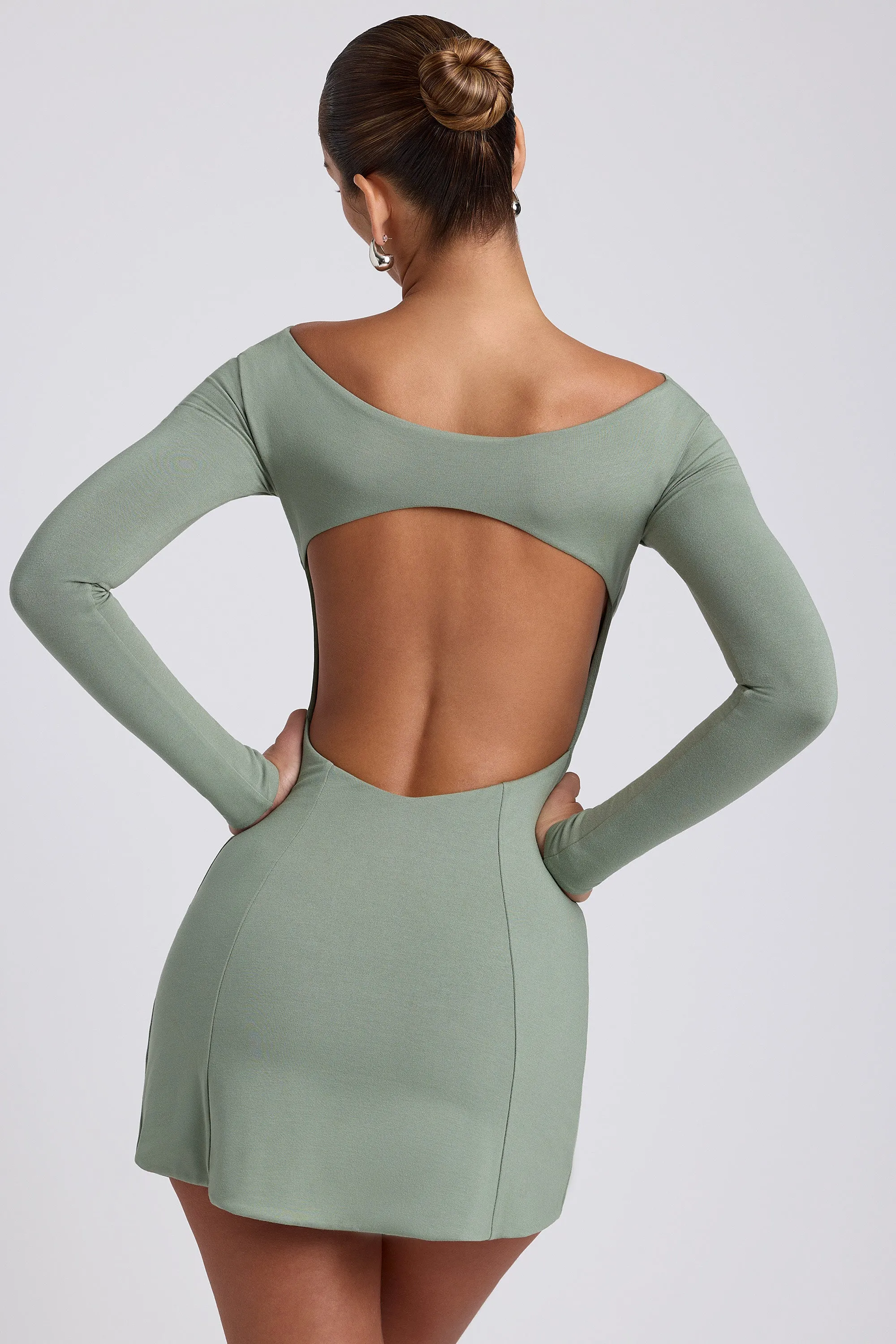 Trend Ride Seam Free Edges Modal Twist-Front Long-Sleeve Mini Dress in Sage Green
