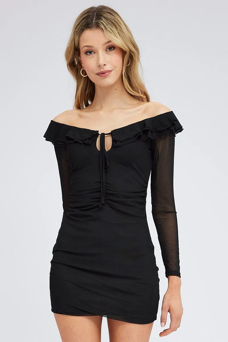 Black Mini Dress Long Sleeve Off Shoulder Frill Mesh bike lane Practical travel midi