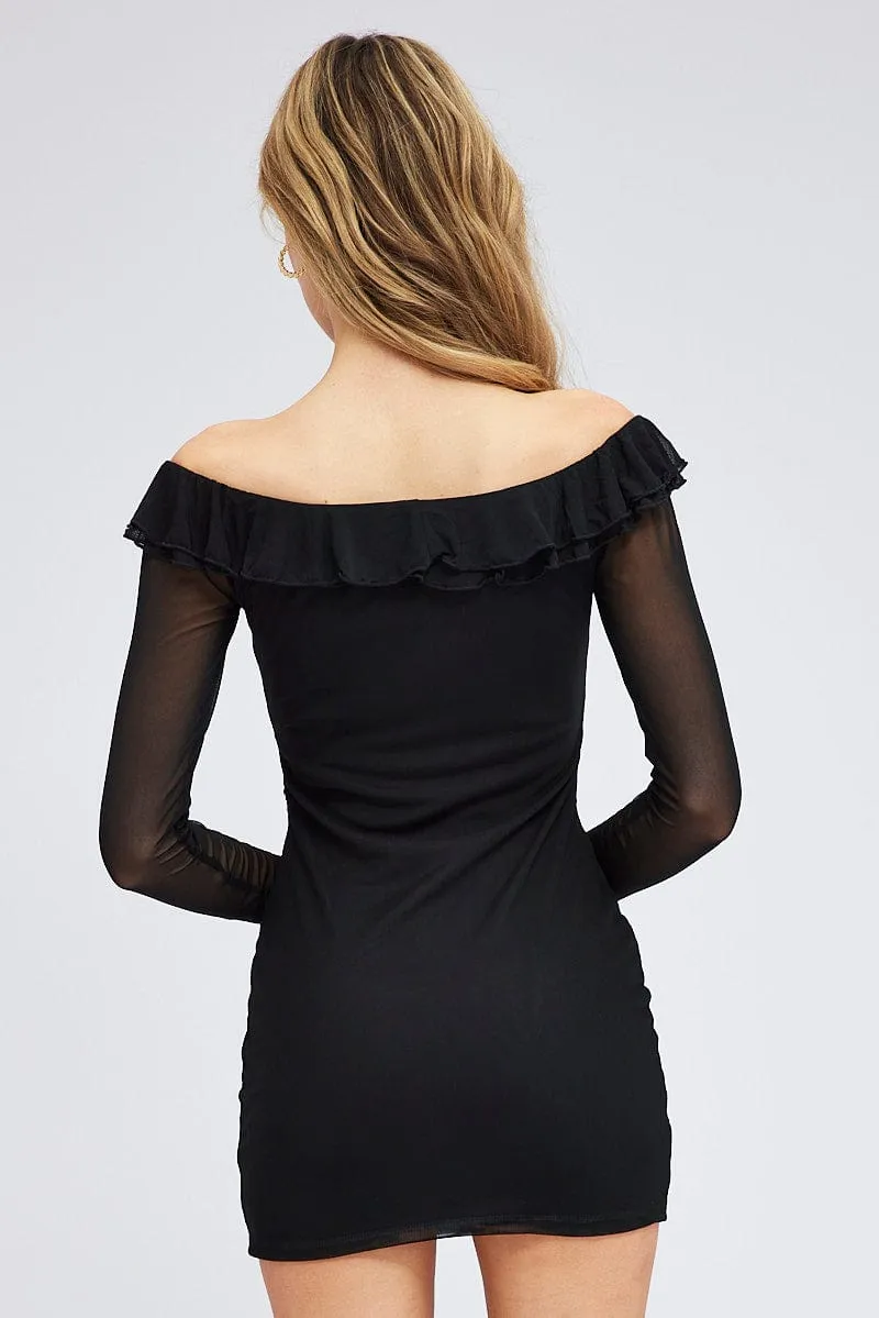Polished Style Black Mini Dress Long Sleeve Off Shoulder Frill Mesh