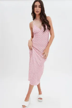 Pink Geo Midi Dress V-Neck Sleeveless Feminine Design