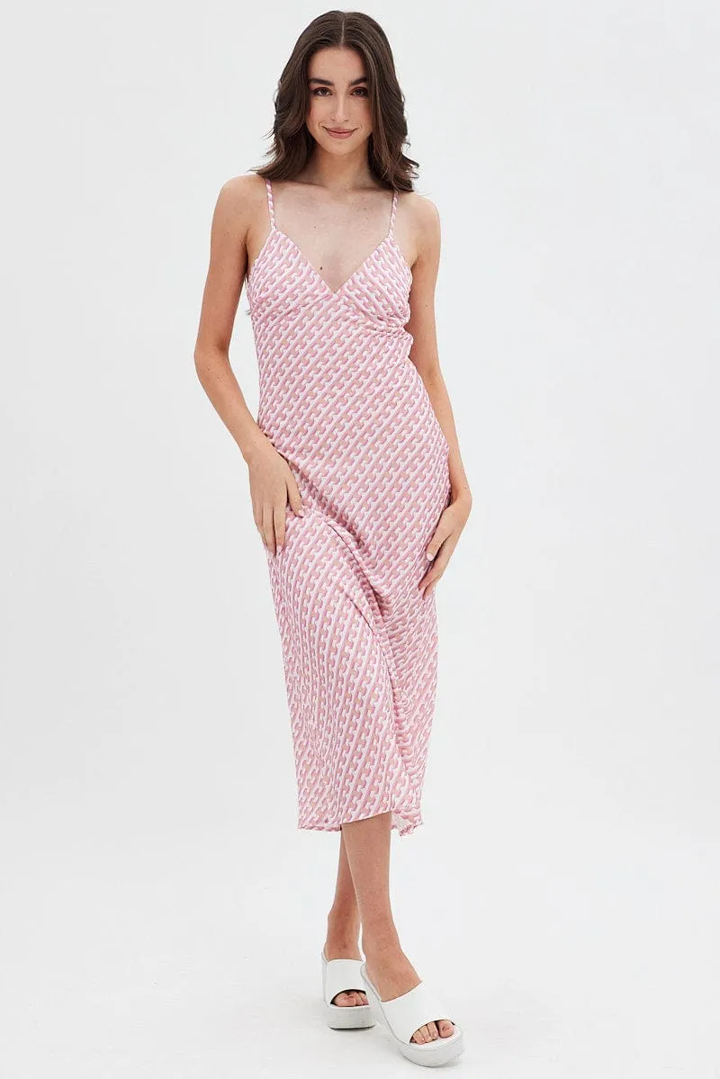 Pink Geo Midi Dress V-Neck Sleeveless Sophisticated Wear Serene Charm