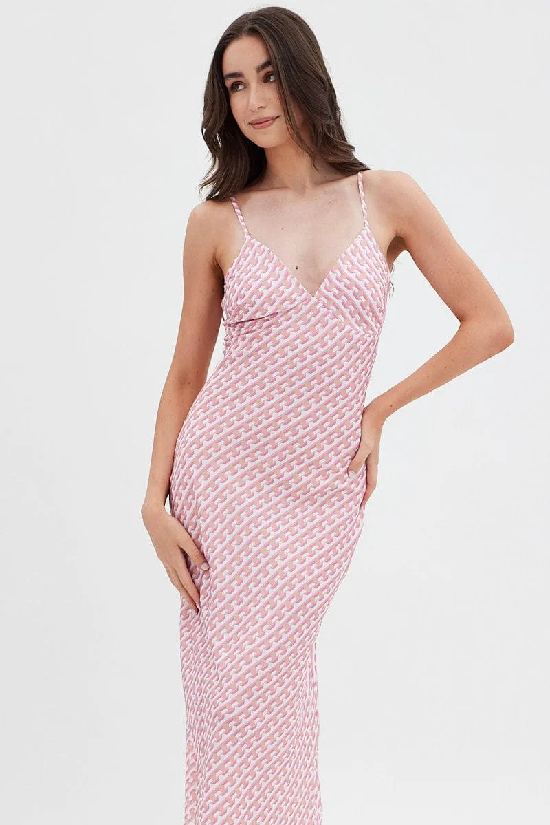 Pink Geo Midi Dress V-Neck Sleeveless City Prep
