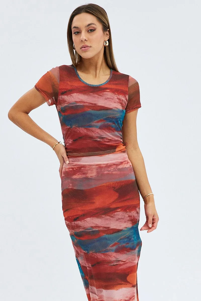 Brown Abstract Midi Dress Short Sleeve Bodycon Mesh Machine washable Plus Fit
