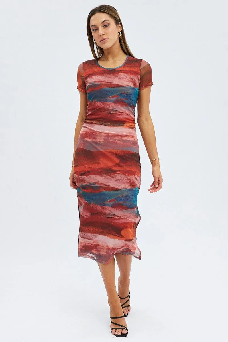 Brown Abstract Midi Dress Short Sleeve Bodycon Mesh Reef View