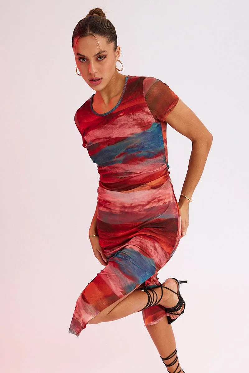 Stone Touch Earth Smell Brown Abstract Midi Dress Short Sleeve Bodycon Mesh