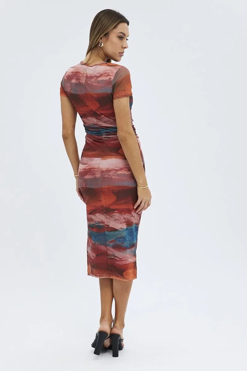 Seasonal Wardrobe Brown Abstract Midi Dress Short Sleeve Bodycon Mesh