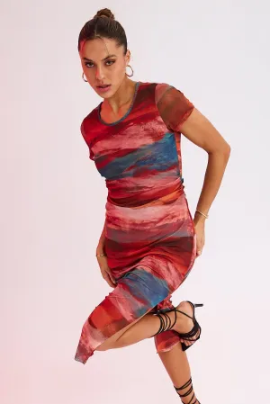 Stone Touch Earth Smell Brown Abstract Midi Dress Short Sleeve Bodycon Mesh