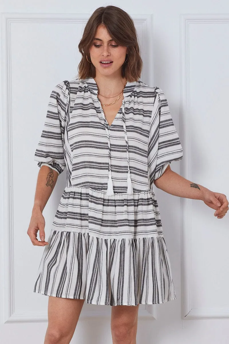 Stripe Mini Dress Short Sleeve Easy Match Cozy Wrap