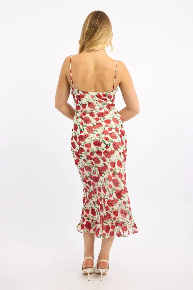 Soft Texture Office To Out White Floral Midi Dress Bias Chiffon