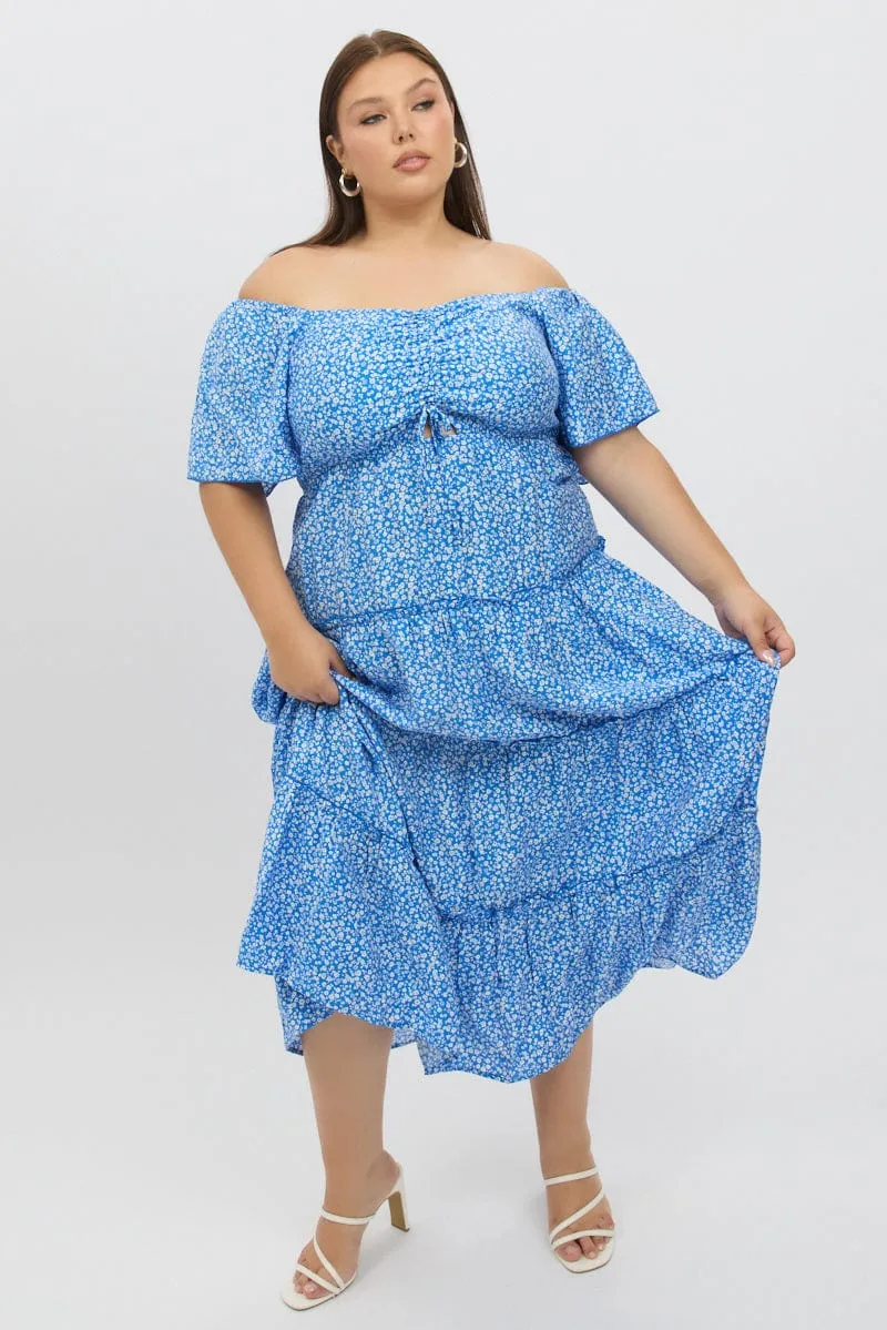 Blue Ditsy Maxi Dress Short Sleeve Ruched Bust Tiered Mermaid Cut