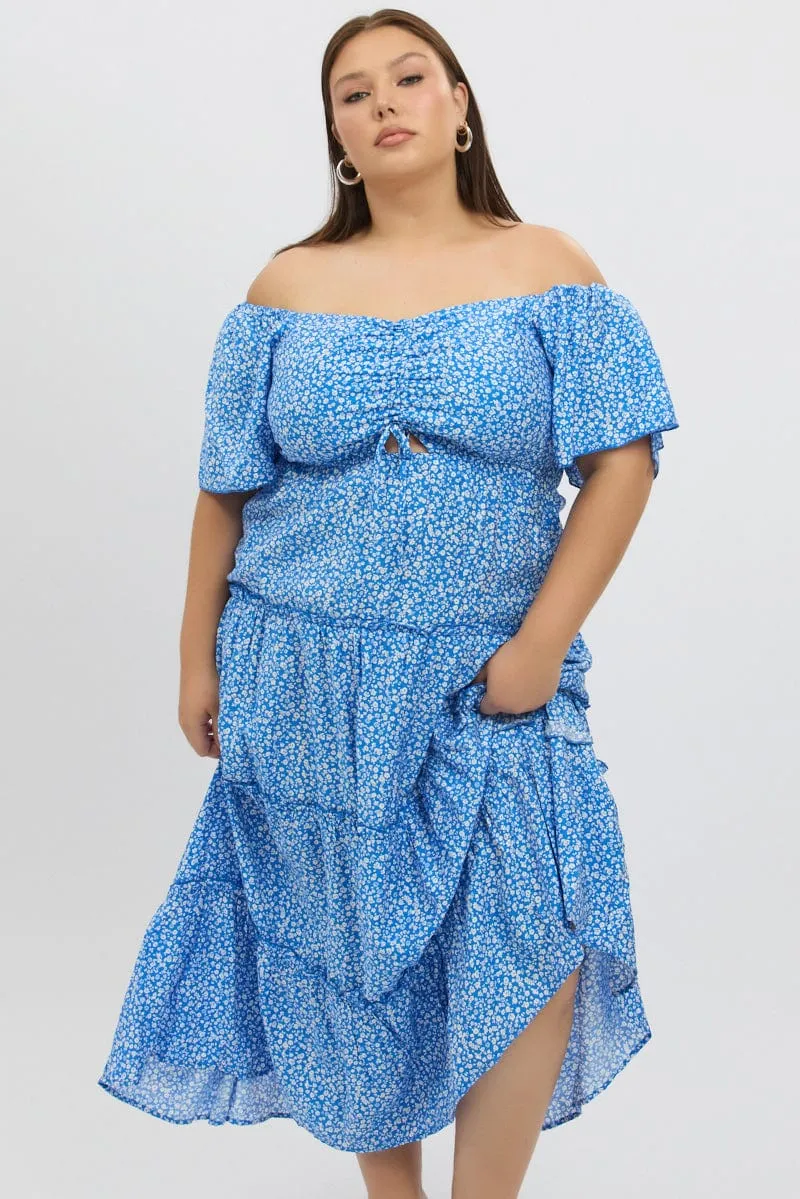 Blue Ditsy Maxi Dress Short Sleeve Ruched Bust Tiered Leaf Dance Wave Dance