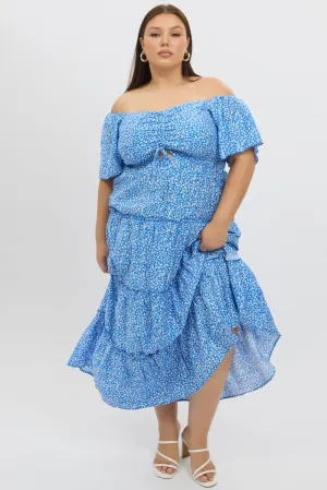 Blue Ditsy Maxi Dress Short Sleeve Ruched Bust Tiered Wild Meadow
