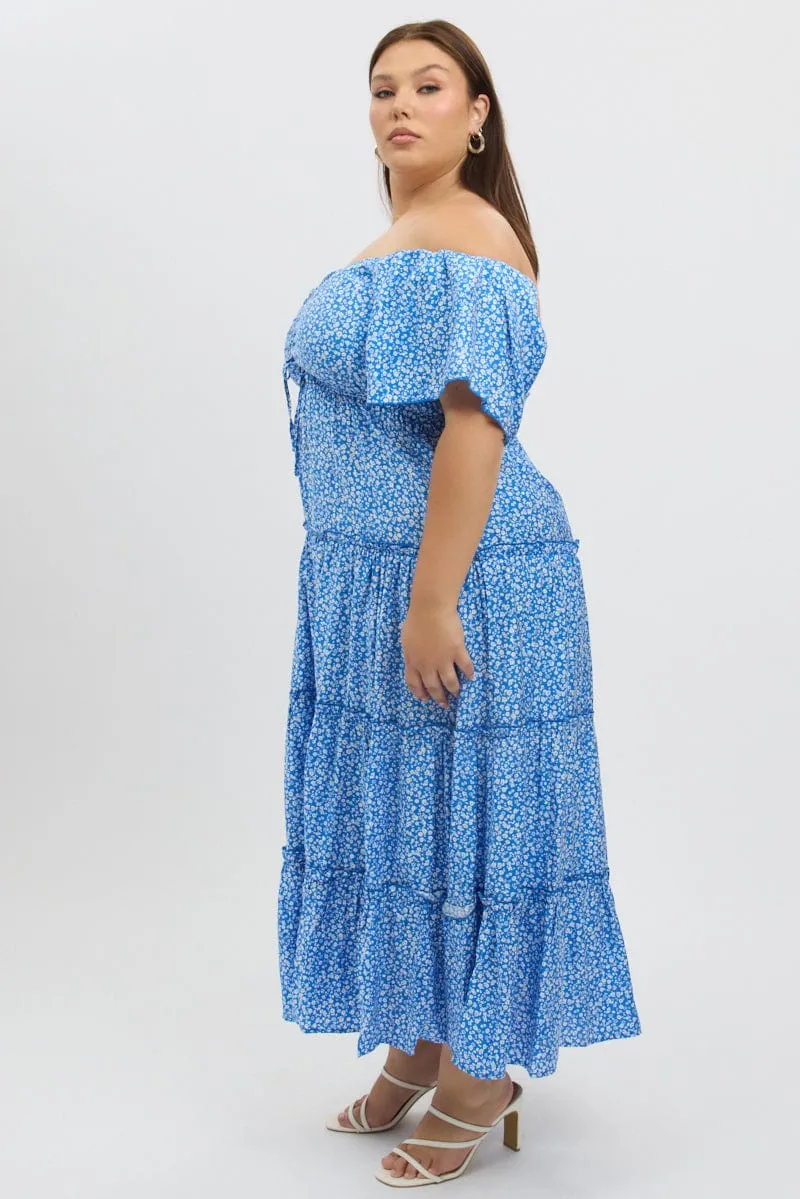 Blue Ditsy Maxi Dress Short Sleeve Ruched Bust Tiered Weave Glow