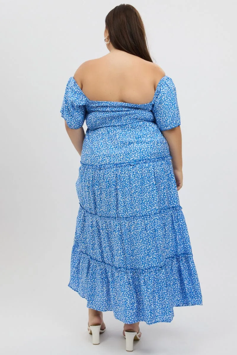 Blue Ditsy Maxi Dress Short Sleeve Ruched Bust Tiered Dance Floor Beach Edge