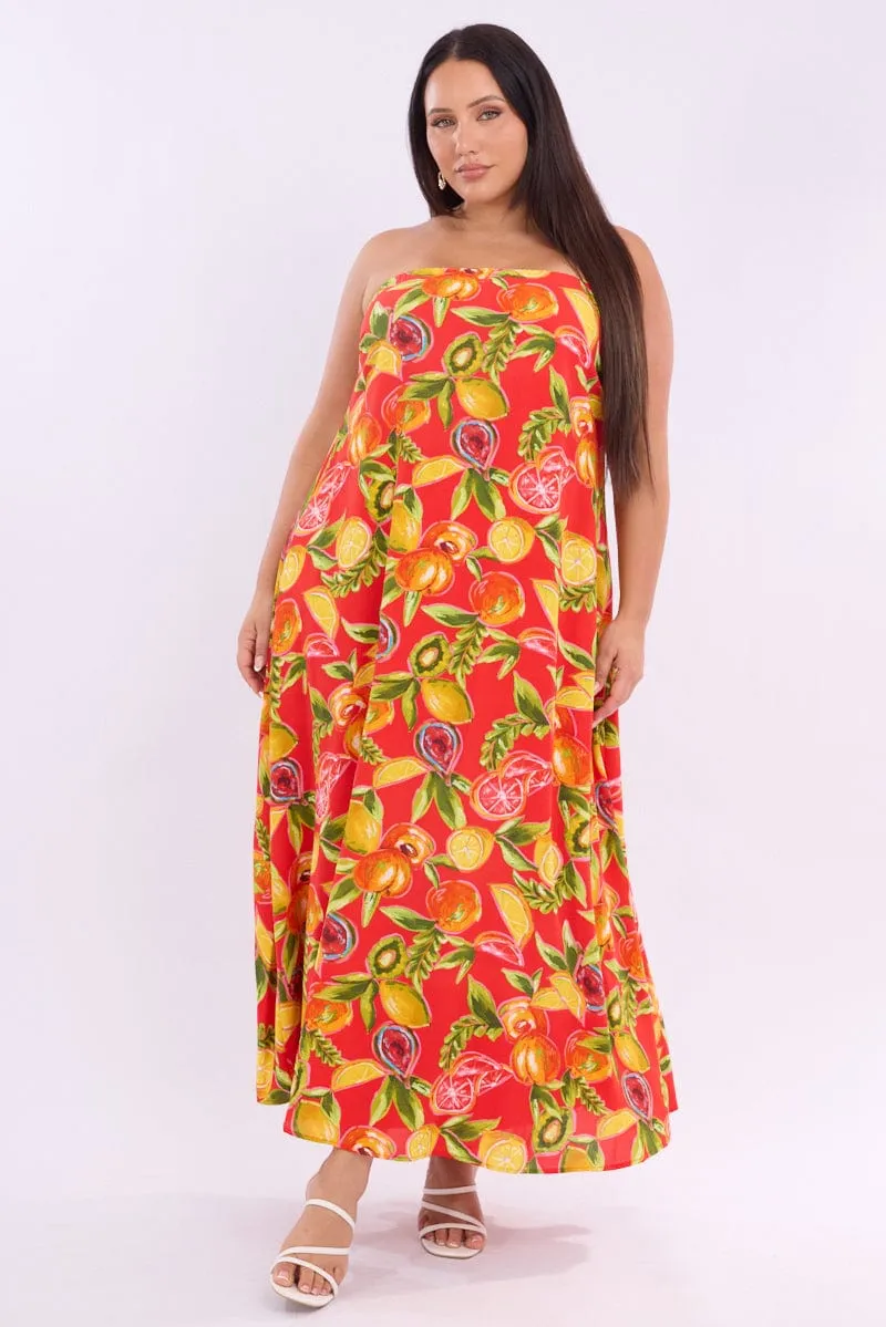 Red Abstract Maxi Dress Strapless Beach Edge