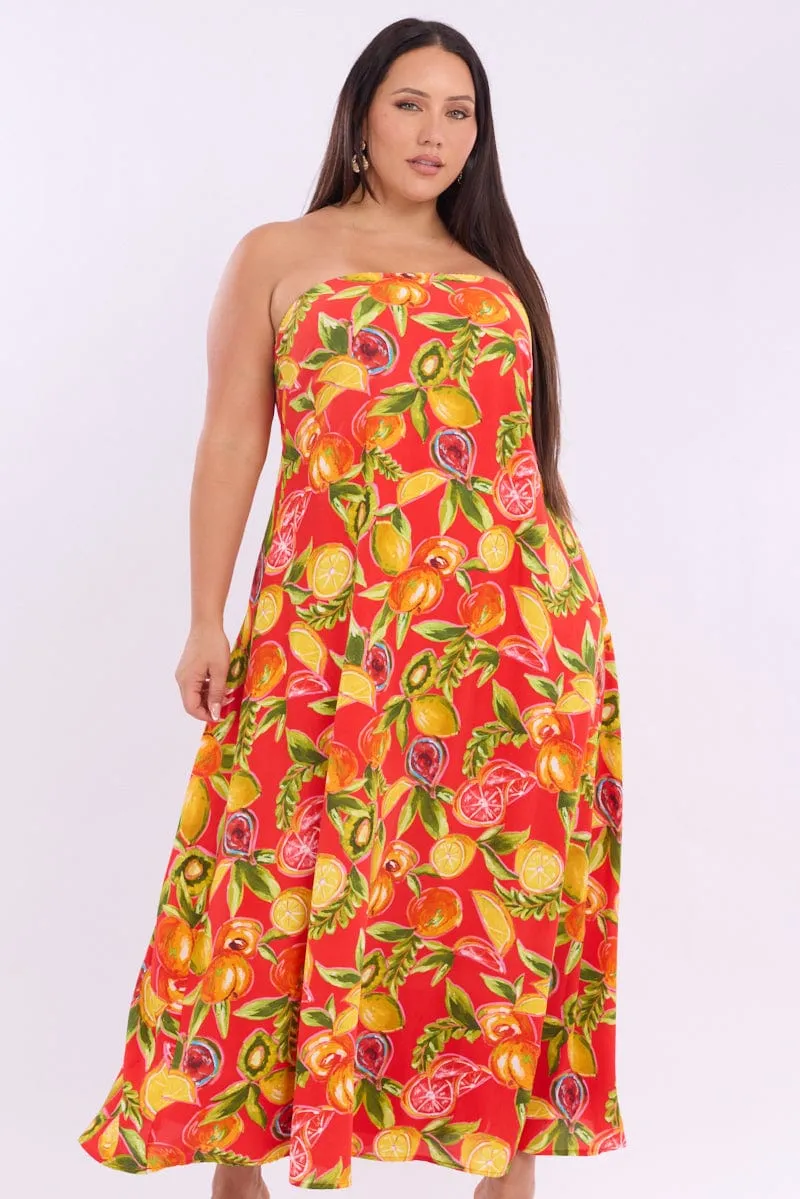 Red Abstract Maxi Dress Strapless Frill Edge Wool Soft