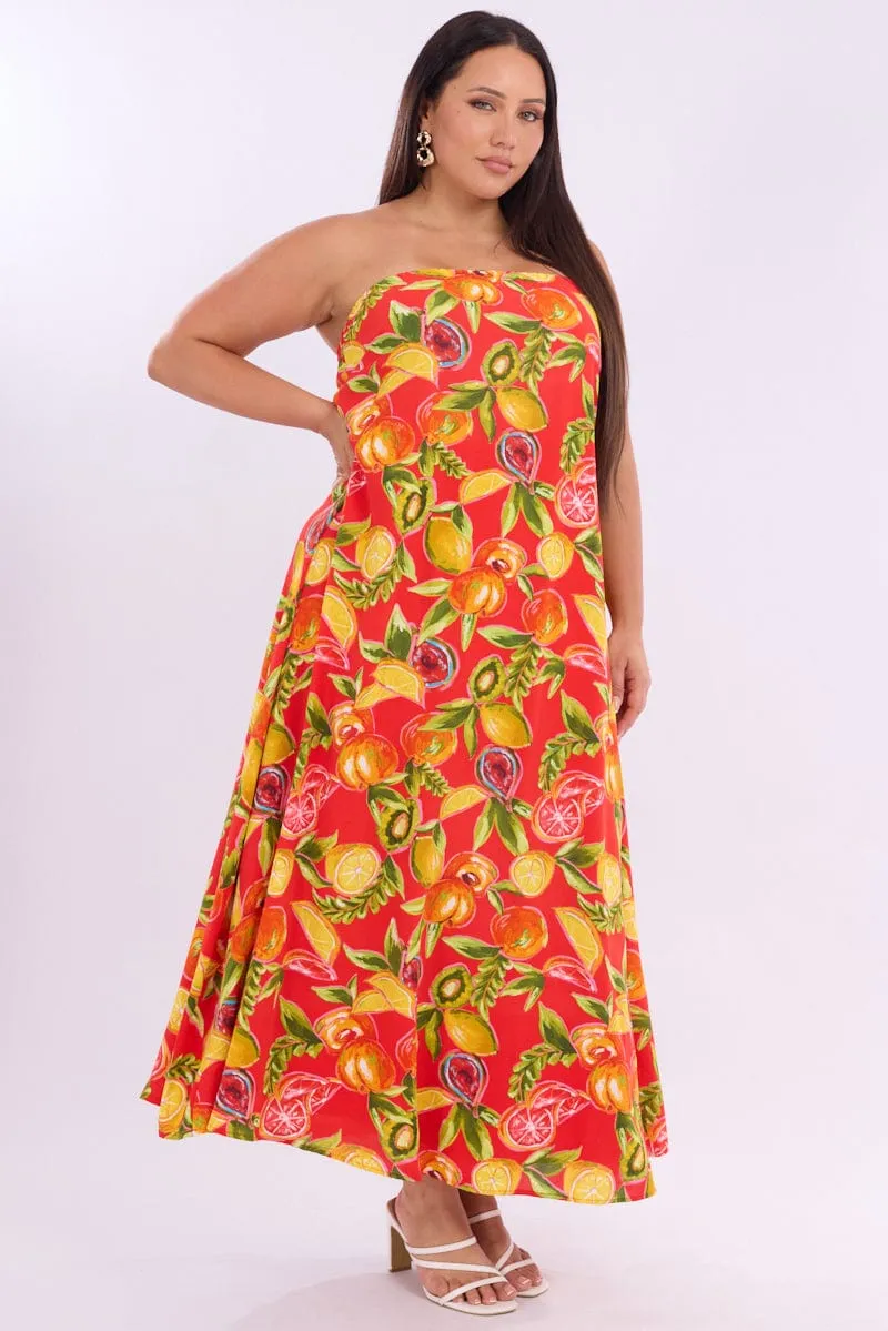 Red Abstract Maxi Dress Strapless Noon Glow