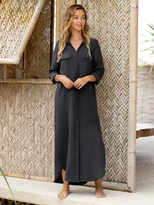 Valentina Linen Blend Shirt Dress Charcoal Desert Glow