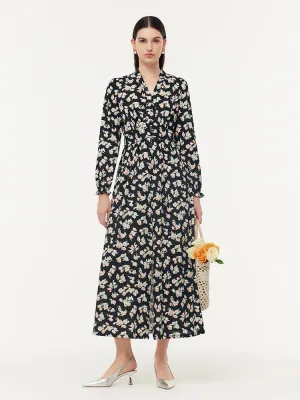 100% Cotton Floral Print Stretch Gathered Waist Women Maxi Dress ElasticFree