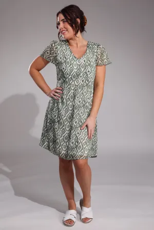 Mini pleat printed Chiffon Dress | Sage Ivory Diamonds | 8575A1 Sequin Glow