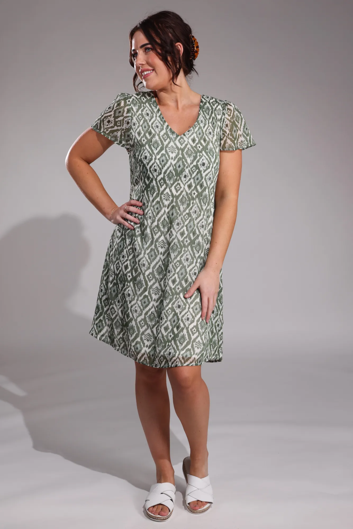 Mini pleat printed Chiffon Dress | Sage Ivory Diamonds | 8575A1 Sequin Glow