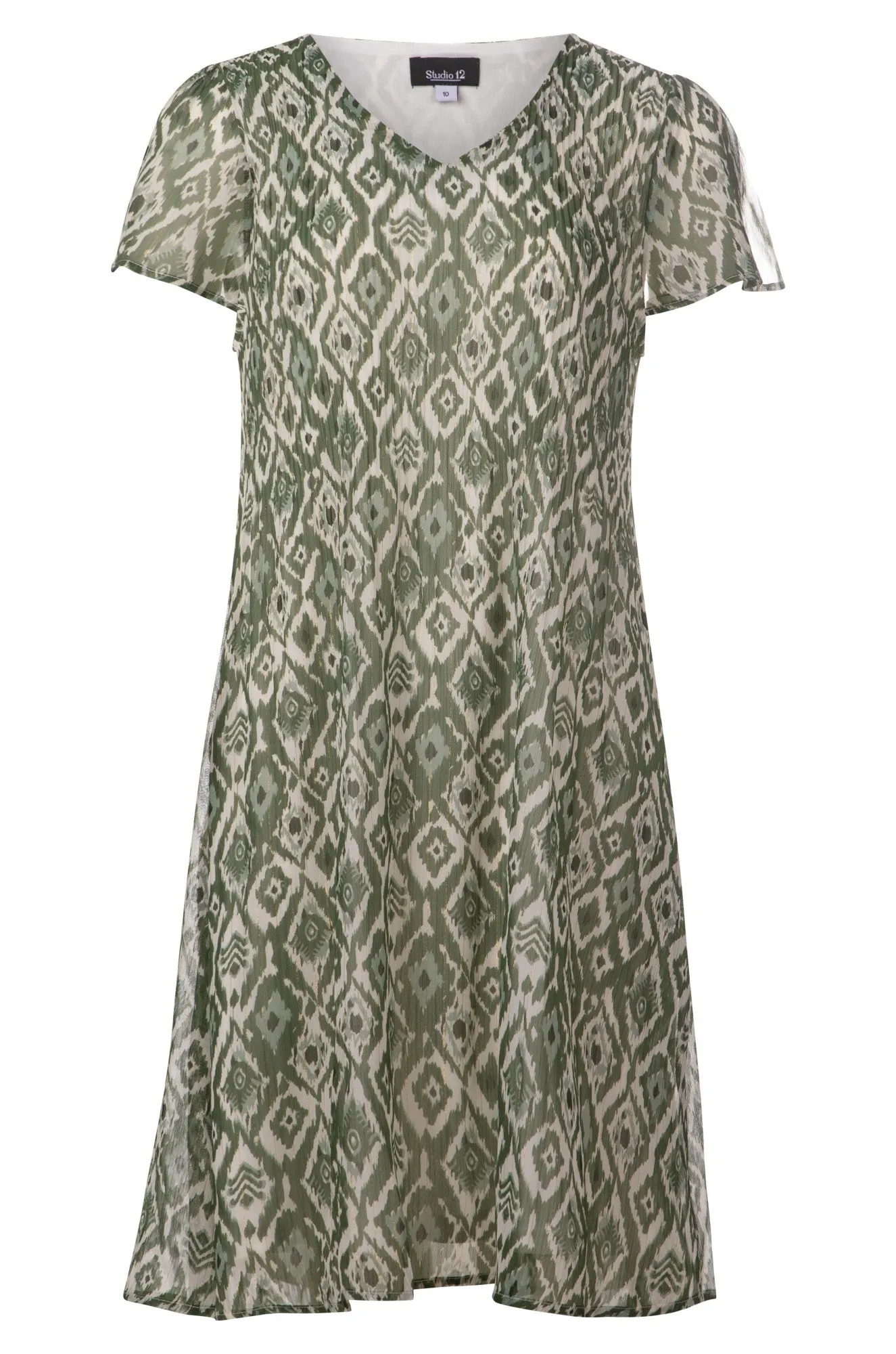 ElasticFree Cuffs Mini pleat printed Chiffon Dress | Sage Ivory Diamonds | 8575A1