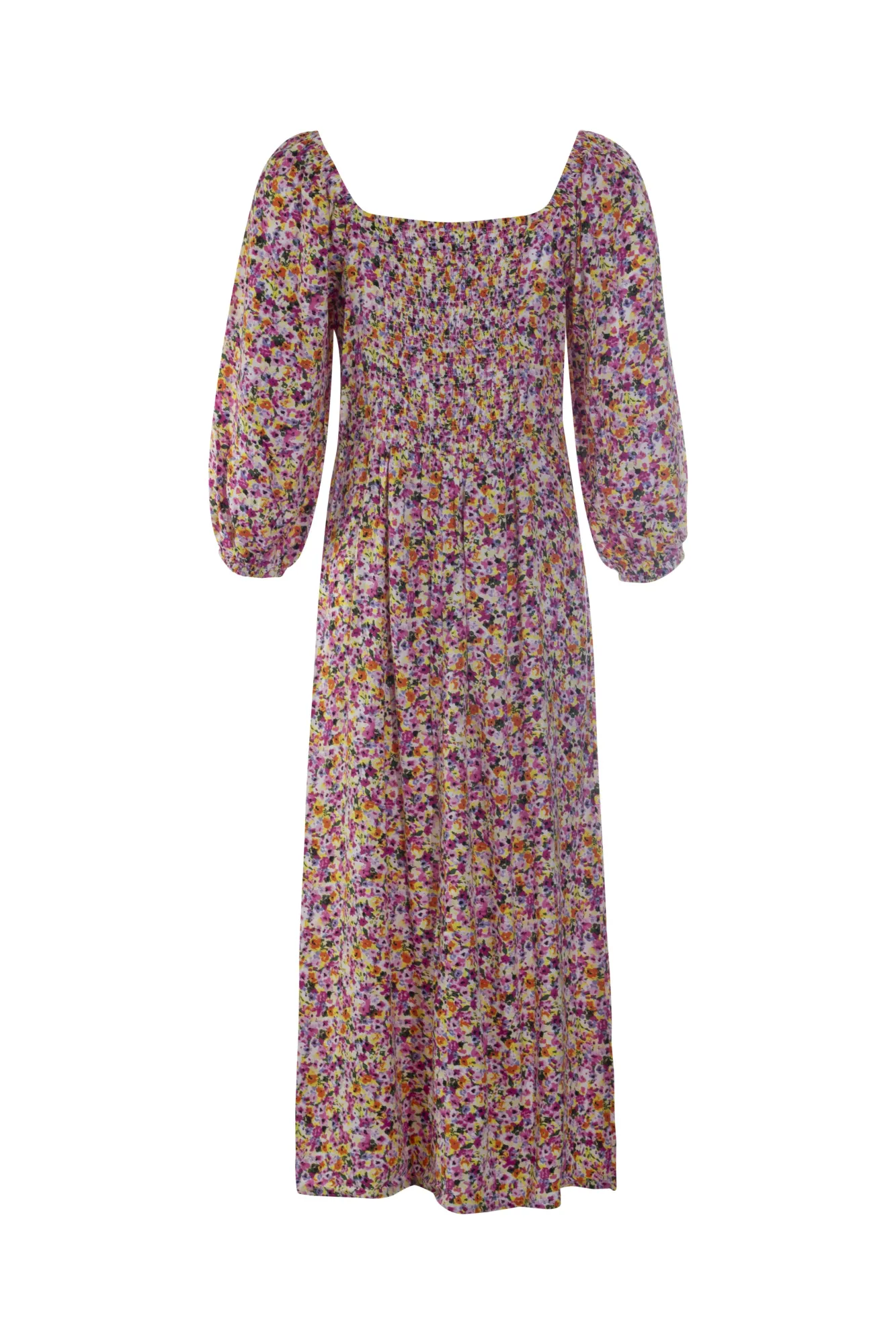 Creative Flow Team Edge Shirred back ptd Viscose Maxi Dress | Pink Multi Ditsy | 3358AR