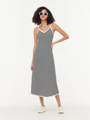 Tencel Beige And Black Stripe Women Knit Strap Maxi Dress Stylish Protection Stretch Fit